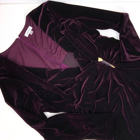 Calvin  Klein Velour Velvet Burgundy Wrap Long Sleeve Dress Sz 14W - Picture 13 of 16